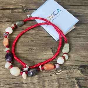 NWT Novica agate and wood beaded long boho necklace red and earth tones